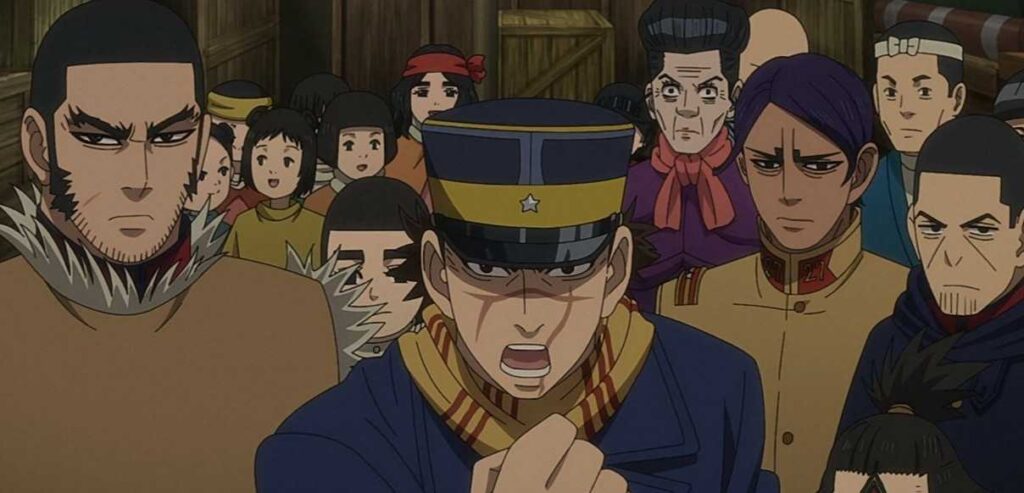 Saichi Sugimoto and other main characters from one of the best seinen anime Golden Kamuy gathered in a tense group scene.