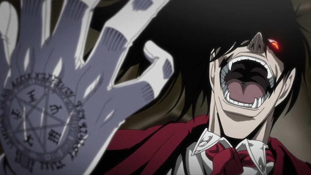 Alucard, the powerful vampire protagonist from the anime "Hellsing Ultimate," unleashing his dark powers with a wide open mouth showing sharp fangs, glowing red eye.