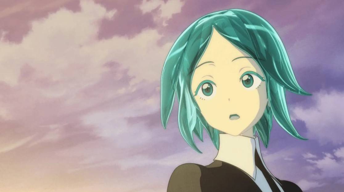 Phosphophyllite from the anime Land of the Lustrous standing under a colorful sky with a surprised expression, teal-green short hair, and wearing a black and white uniform.
