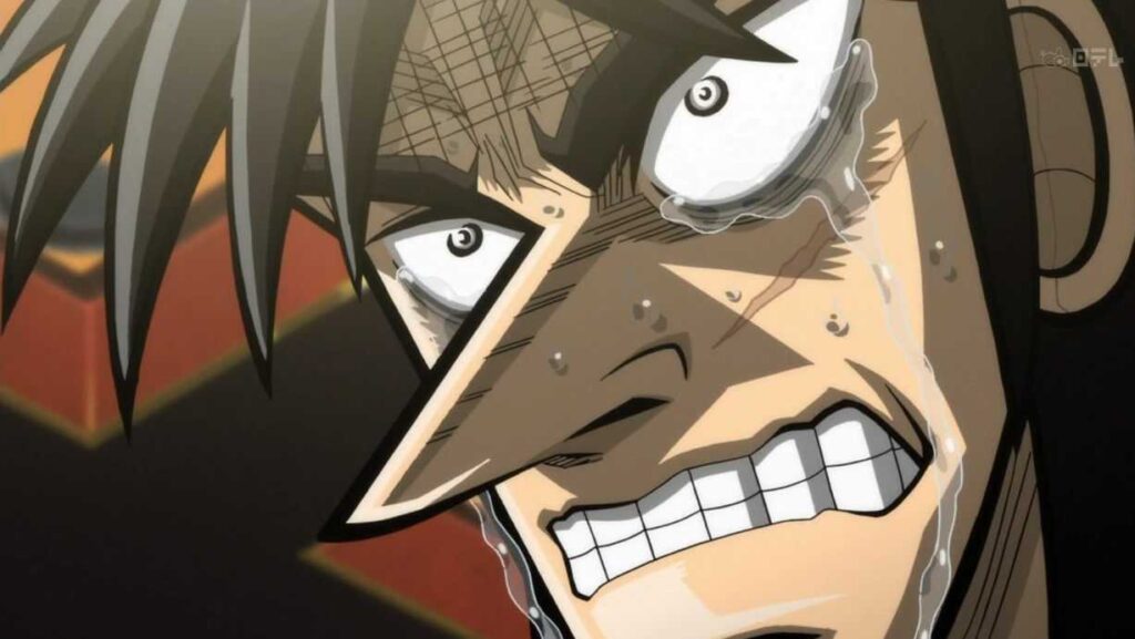Kaiji Itou from Kaiji: Ultimate Survivor anime showing an intense, desperate expression with his distinctive angular art style.