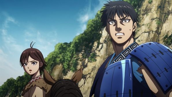 Shin and Kyoukai from the popular seinen anime Kingdom, standing in battle-ready poses on a grassy cliffside, wearing their distinctive warrior outfits.