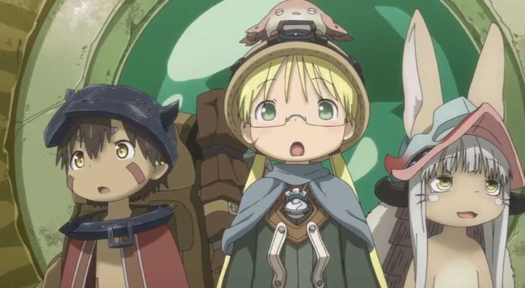 Characters Riko, Reg, and Nanachi from the anime "Made in Abyss" standing together with surprised and curious expressions, dressed in their signature adventurous outfits.