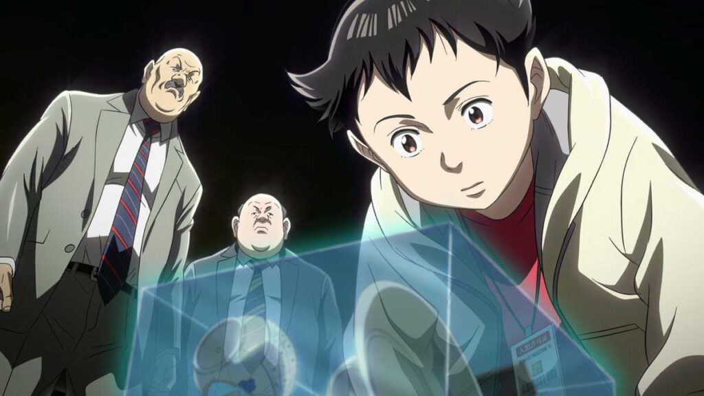 Atom from the anime Pluto appears in the foreground with an intense expression, while adult figures—likely investigators or officials—stand in the background, reflecting the serious tone of this sci-fi mystery series.