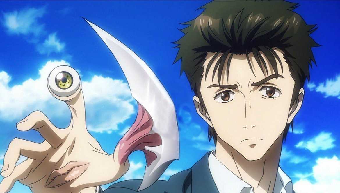 Shinichi Izumi, the main protagonist from the anime "Parasyte: The Maxim," standing against a bright blue sky with white clouds.