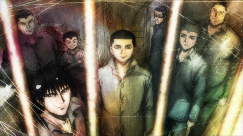 Group of prisoners from the anime Rainbow: Nisha Rokubou no Shichinin standing behind prison bars with serious and determined expressions, featuring a gritty and dark color palette.