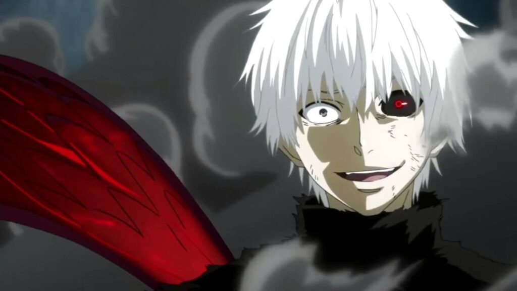 Ken Kaneki from Tokyo Ghoul anime in his half-ghoul form with distinctive white hair and red kagune tentacles.