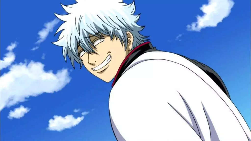 The main character, Sakata Gintoki, making a funny face in the best comedy anime, Gintama.