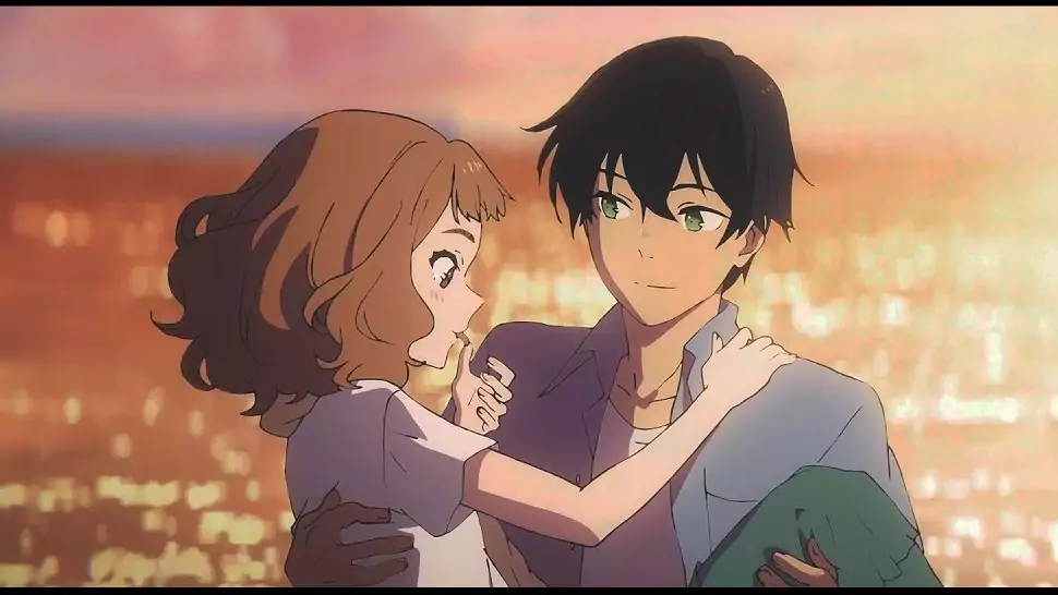 Josee and Tsuneo embrace in a tender moment from the romantic anime film, Josee, the Tiger and the Fish.