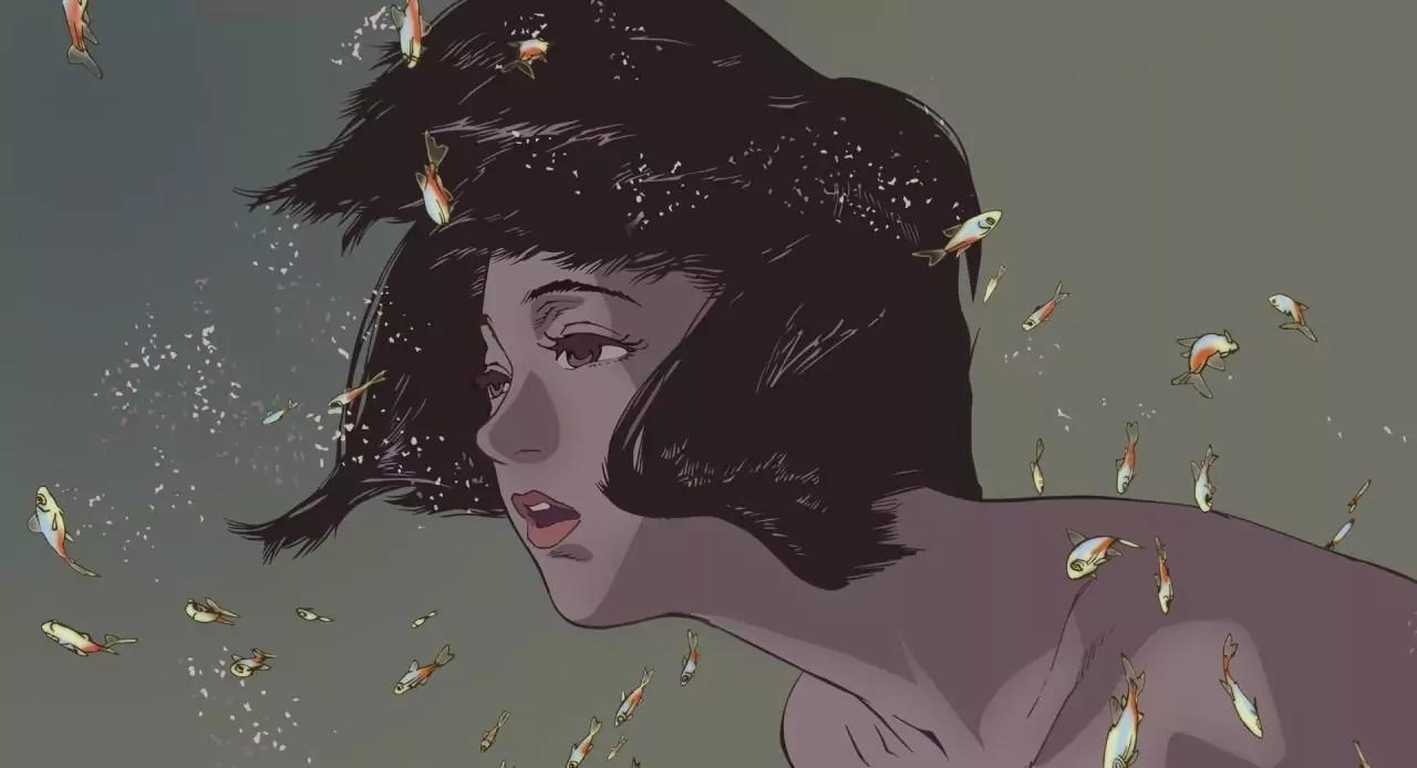 Mima drifts through a surreal scene in Perfect Blue, a psychological anime movie directed by Satoshi Kon.