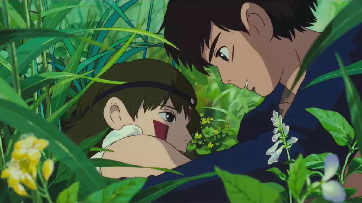 Ashitaka comforts San in a quiet forest moment from Princess Mononoke, a Studio Ghibli anime movie masterpiece.