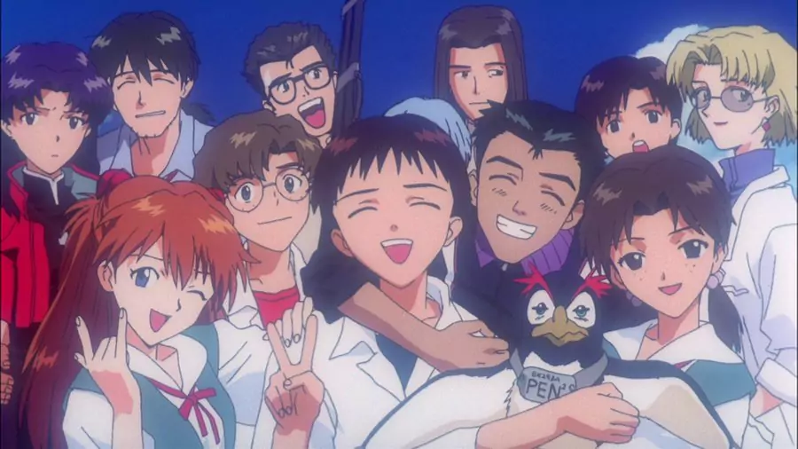 The Evangelion cast shares a rare joyful moment in The End of Evangelion, a bold and iconic anime film..