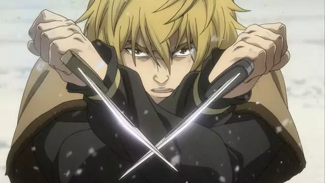 Thorfinn, the protagonist of the best seinen anime Vinland Saga, holds dual daggers in a defensive stance during a snowy battle scene.