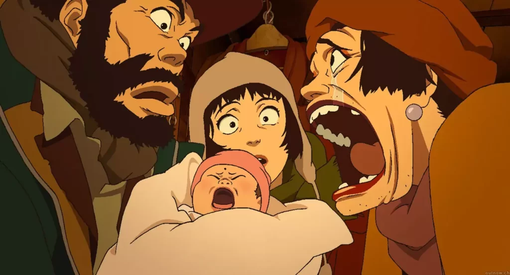 A group of homeless friends from Tokyo Godfathers react in shock after discovering a crying baby on Christmas Eve.
