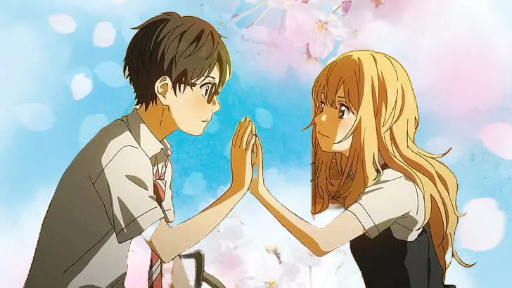 Kōsei Arima and Kaori Miyazono share an emotional moment in the anime Your Lie in April.