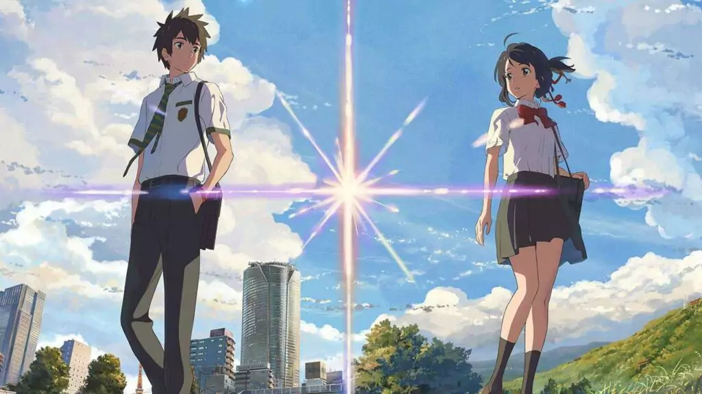 The anime movie "Your Name" features the main characters Mitsuha and Taki.