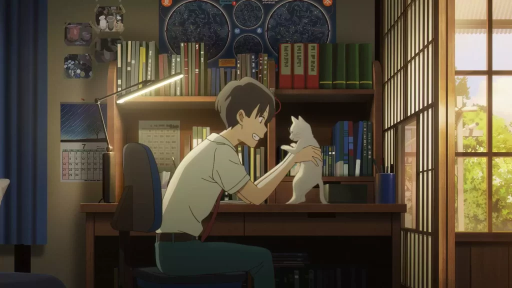 Kento laughs while playing with a white cat in A Whisker Away, a magical romance anime movie filled with fantasy and emotion.