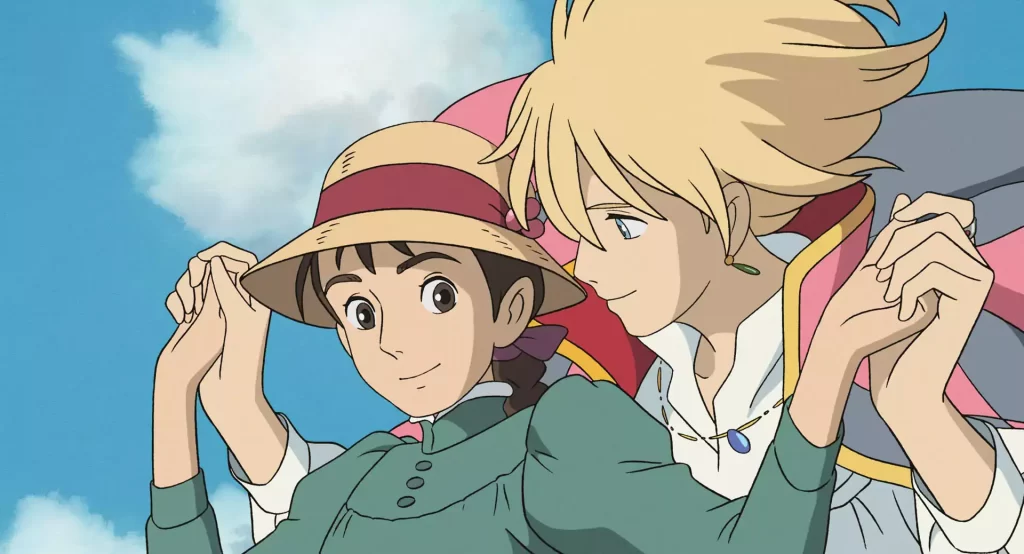 Howl and Sophie hold hands midair in a magical romance movie, Howl’s Moving Castle