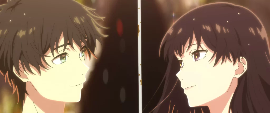 Kaoru and Anzu share a quiet, heartfelt gaze in The Tunnel to Summer, the Exit of Goodbyes, a sci-fi romance anime about loss and love.