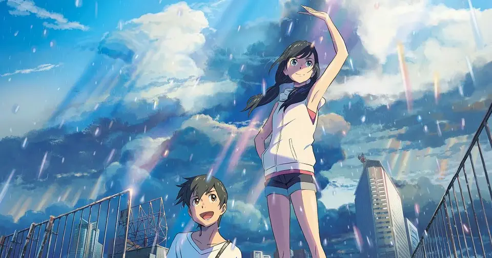 Hodaka and Hina smile in the rain atop a rooftop in the anime movie Weathering With You.
